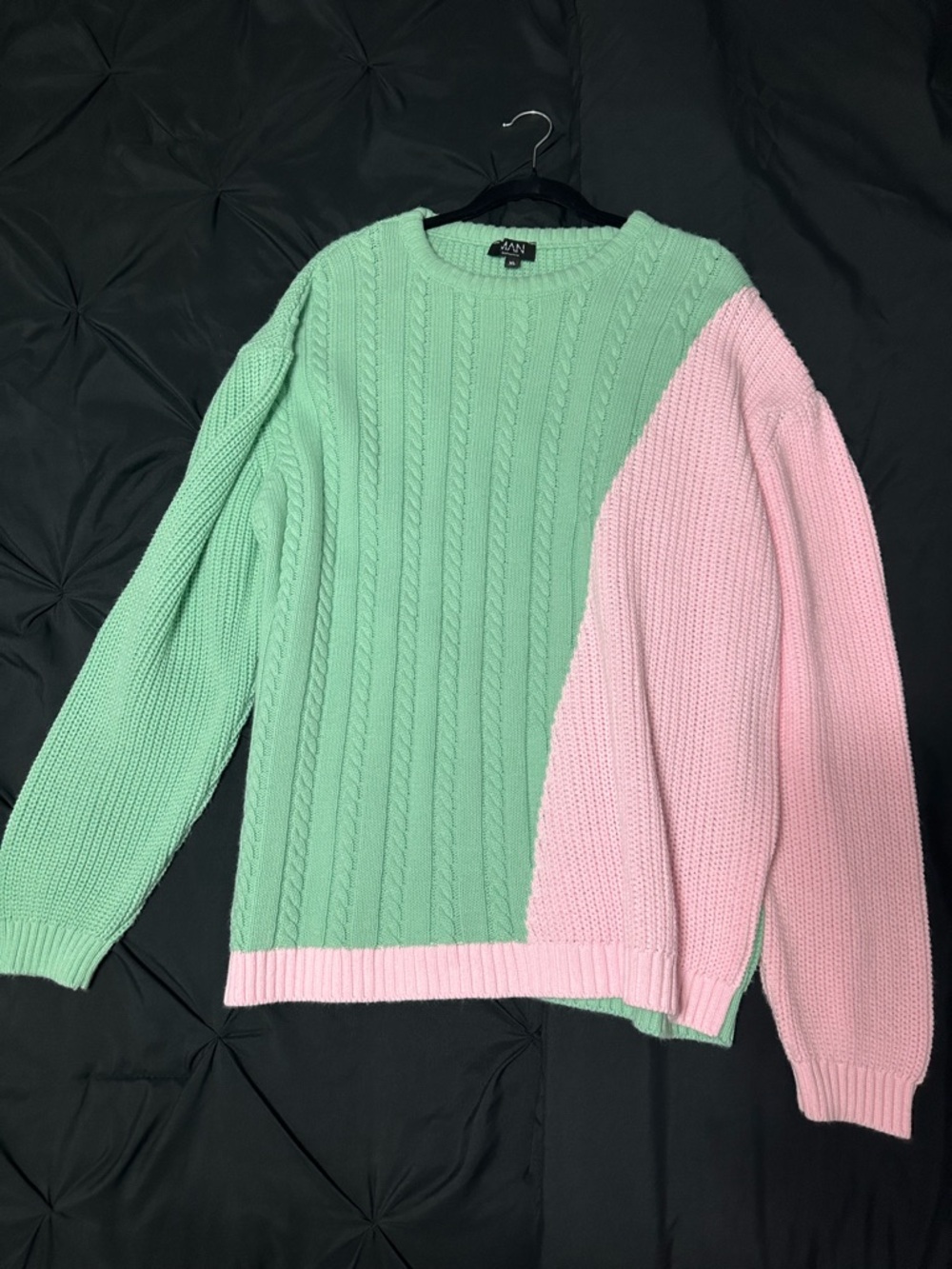 Boohoo Mens Mint & Pink Cable Knit Colorblock Crewneck Sweater